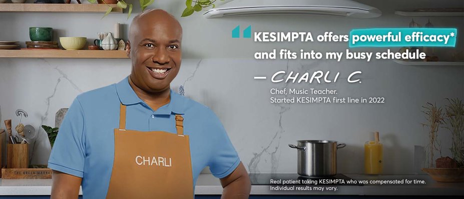 “I chose to start with KESIMPTA for the powerful efficacy* that I could take at home or on the go.†—Charli C. Chef, Music Teacher. Started KESIMPTA first line in 2022. Real patient taking KESIMPTA who was compensated for time. Individual results may vary.